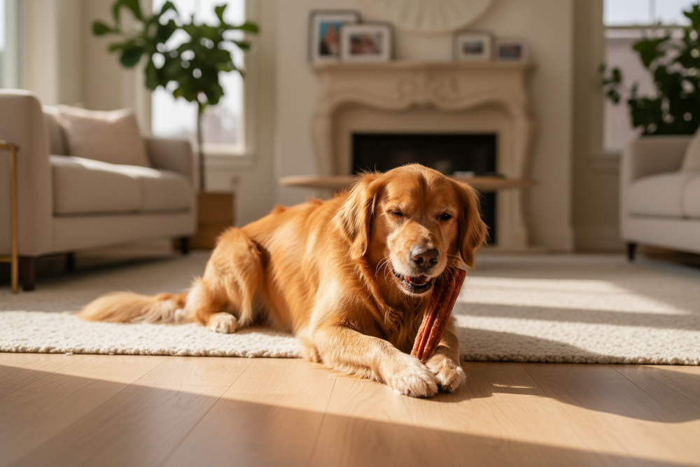 Lifestyle - Dog enjoying beef cheek chew